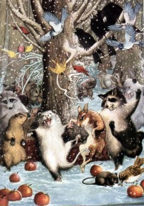 Animals dancing in a winter scene